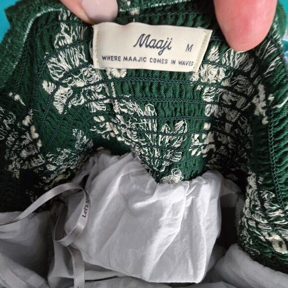Maaji Mini Dress Green with Ivory Embroidered Flowers Smocked Back Straps M NEW - Picture 4 of 10